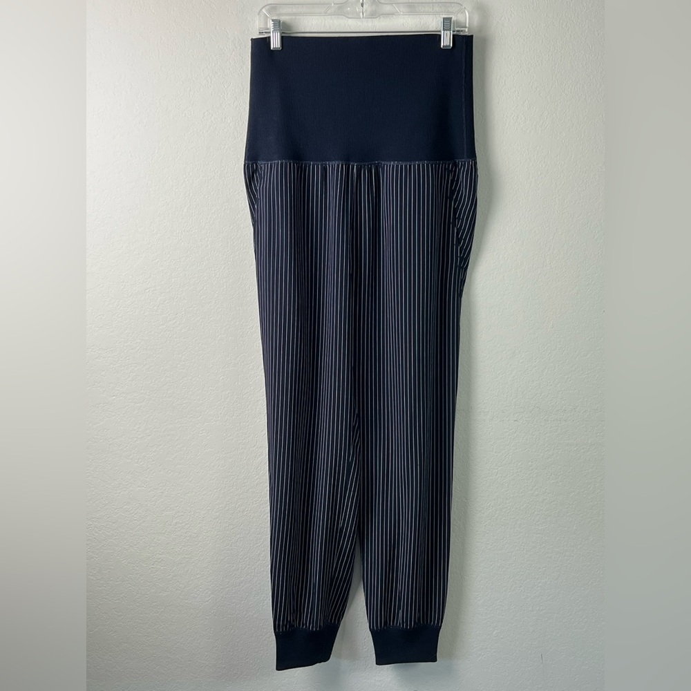 Theory Silk Navy with White Pinstripe Maternity Jogger Pants Office Evening